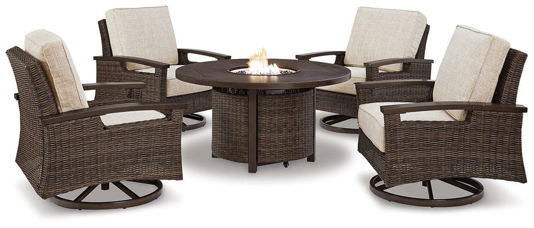 Paradise Trail Paradise Trail Fire Pit Table with 4 Nuvella Swivel Lounge Chairs - 46 Furniture and Mattress Gallery